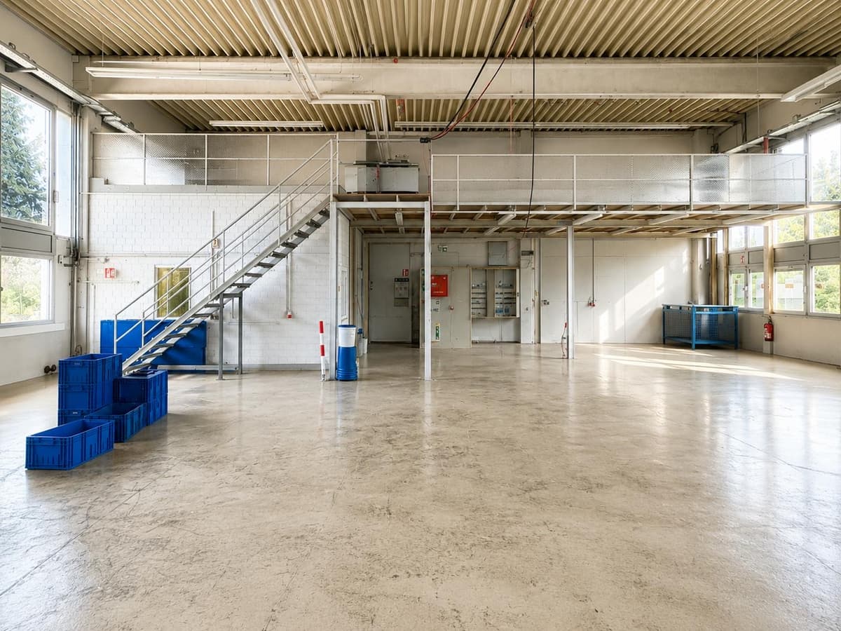Halle mit Stahlbühne und Treppe